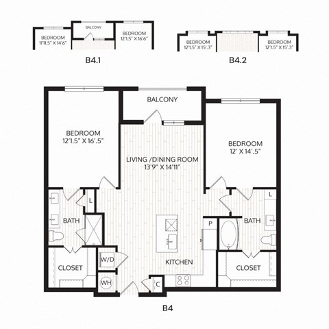 Floor plan for 2 beds, 2 baths, 1264 sqft